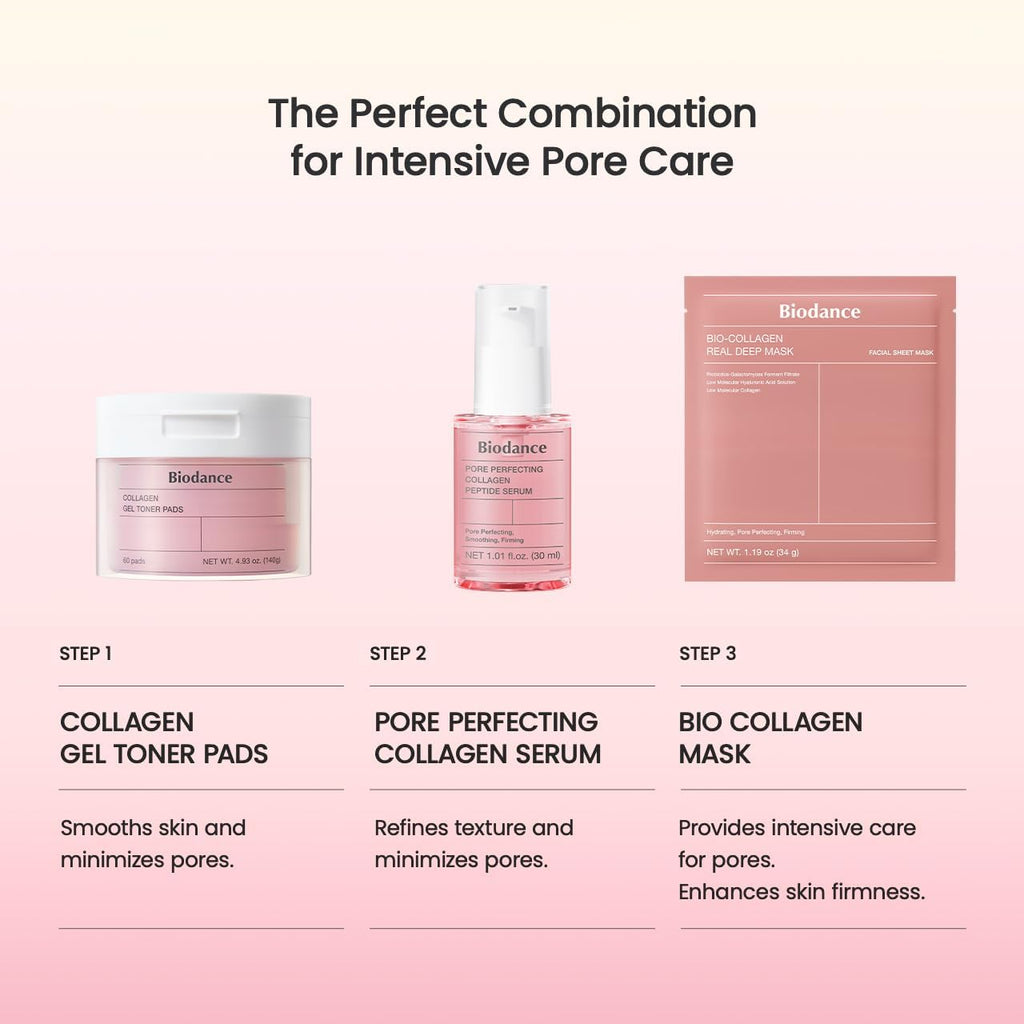 BIODANCE Collagen Pink Glow Trio: Collagen Real Deep Mask & Toner Pads & Peptide Serum for Plumping Hydration, Firming, Korean Skin Care, Skin Care Set